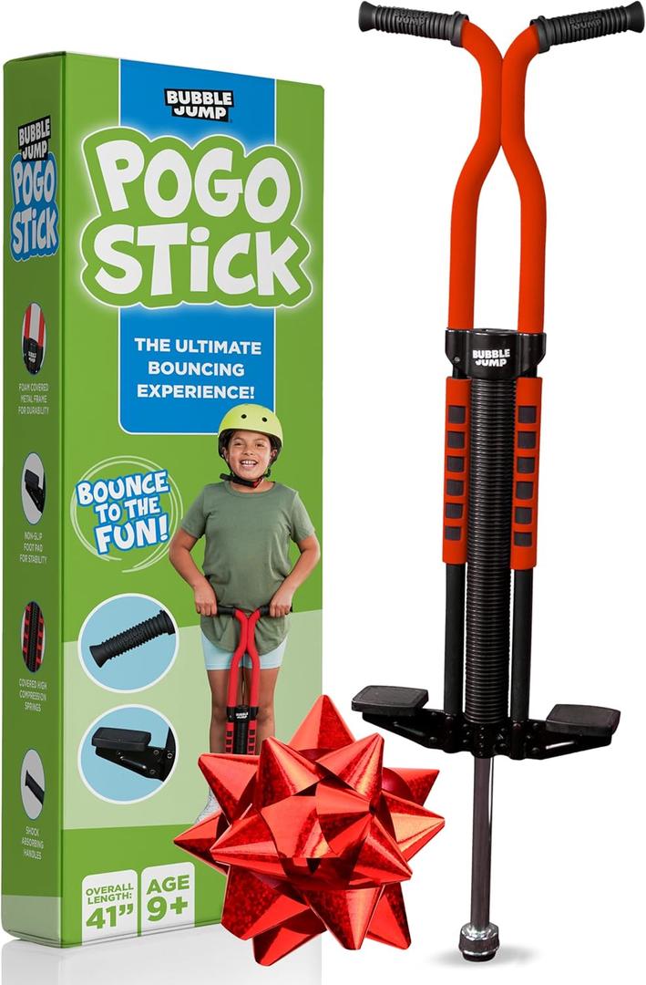 BUBBLE JUMP Pogo Stick for Kids Age 10 & up Red - for Boys, Girls, Teens & Adults 80 to 160 Lbs - Easy Grip Rubber Handle Master Jumper Pogo Sticks - High Jumping Kids Pogo Stick, Red