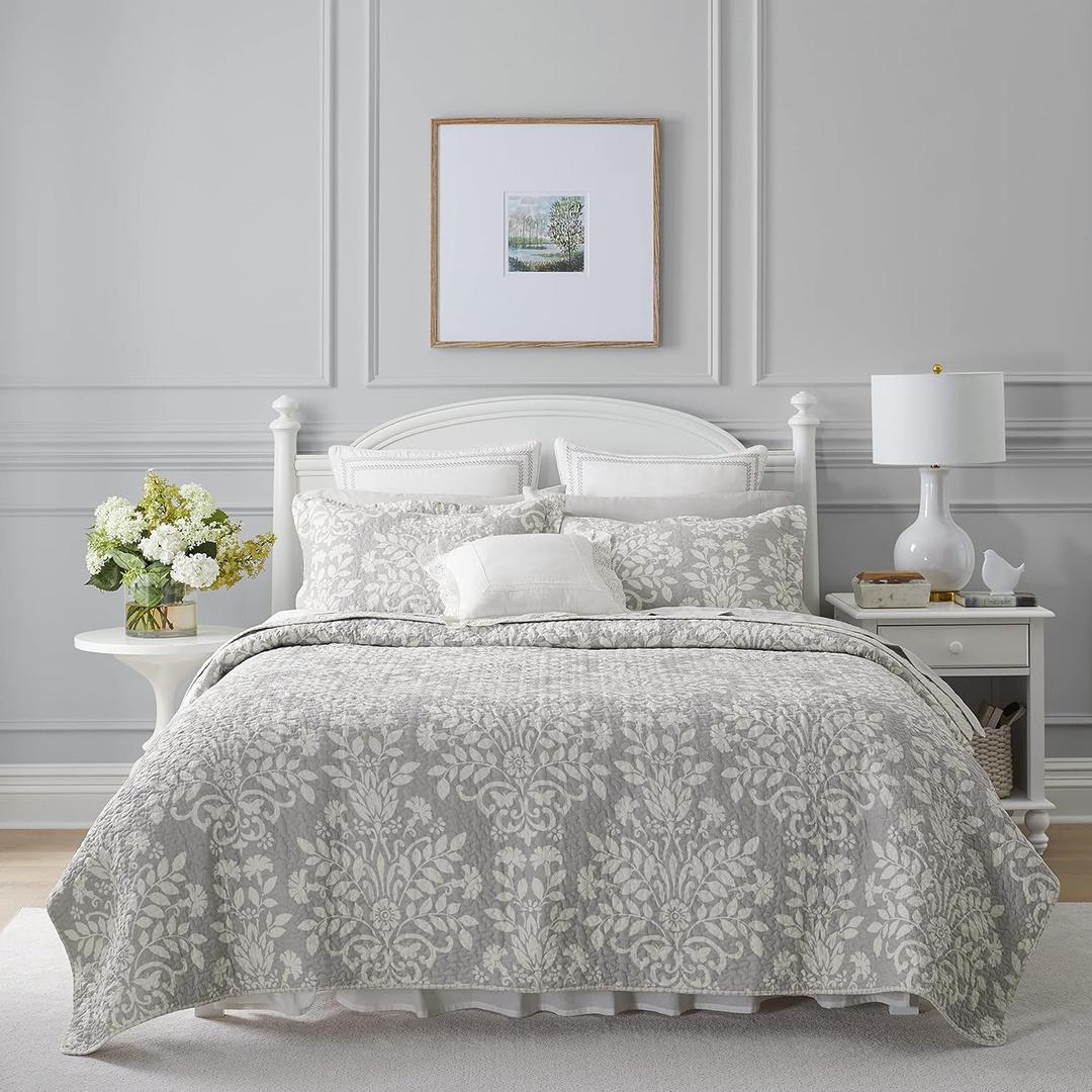 Laura Ashley - Twin Quilt Set, Reversible Cotton Bedding with Matching Sham, Home Decor for All Seasons (Rowland Grey, Twin) (Gray)