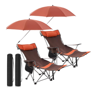 Yuntau 2 Set Reclining Beach Chairs with UPF 50+ Umbrellas Shade, Upgraded Heavy Duty Portable Folding Lounge Camping Chair with Canopy Removable Footrest & Headrest for Outdoor Patio(Orange)