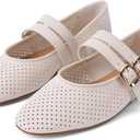 UBWDU Suede Mary Jane Flats for Women Perforated Round Toe Ballet Flats Comfortable Ballerina Shoes with Double Buckle Strap (6, White)