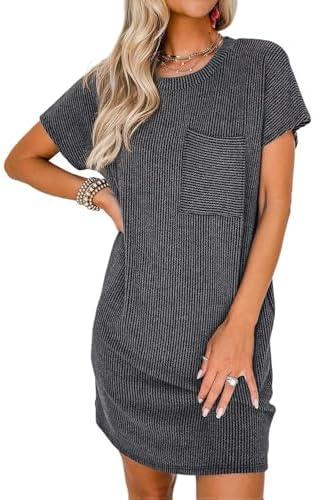 Acelitt Womens Casual Summer Crewneck Short Sleeve Ribbed Mini Tshirt Dress, M