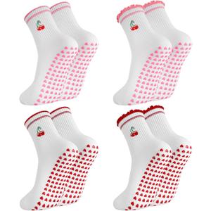 Jspupifip 2/4/5 Pairs Womens Embroidery Non Slip Pilates Yoga Socks | Cute Grippy Crew Socks Offered Fit Barre Workout Hospital Indoor Barefoot Daily Activities For Ladies