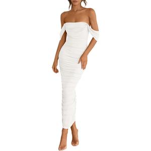 PRETTYGARDEN Womens 2026 Summer Off The Shoulder Dress Ruched Bodycon Sleeveless Split Cocktail Party Maxi Dresses (Medium, White)