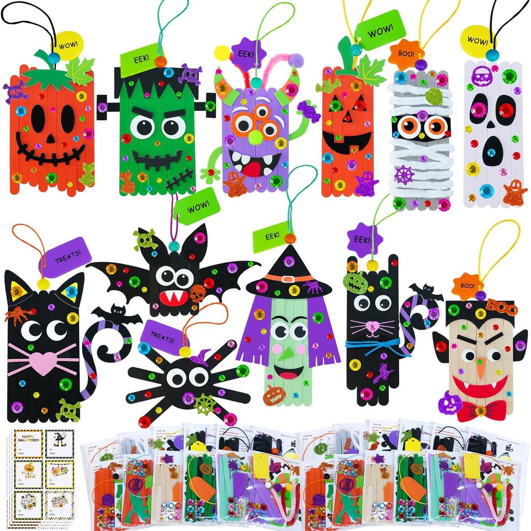 Winlyn 24 Sets Halloween Crafts Kits Fall Crafts DIY Craft Stick Halloween Ornaments Decorations Art Set Jack-O-Lantern Ghost Foam Stickers Arts and Crafts for Kids Classroom Activities Party Favors