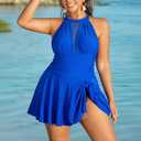 Women One Piece Swimdress 2025 Tummy Control Bathing Suits Halter Mesh Ruflfle Swim Dress Ruched Tie Knot Swimsuit Blue, M