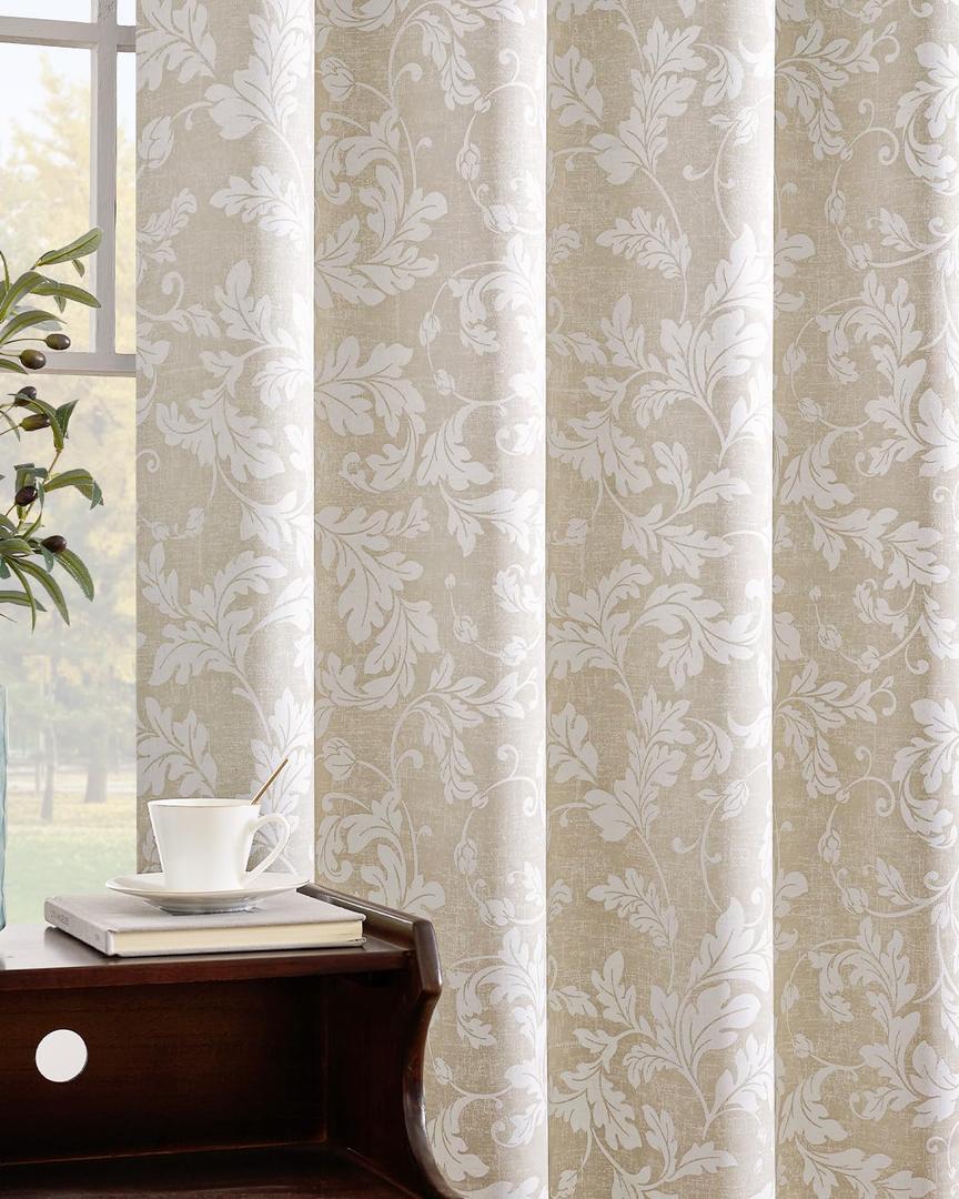 jinchan Blackout Curtains for Bedroom, Beige Scroll Floral Patterned Curtains 84 Inch Length for Living Room, Farmhouse Vintage Art Deco Drapes, Thermal Insulated Window Curtains Grommet 2 Panels