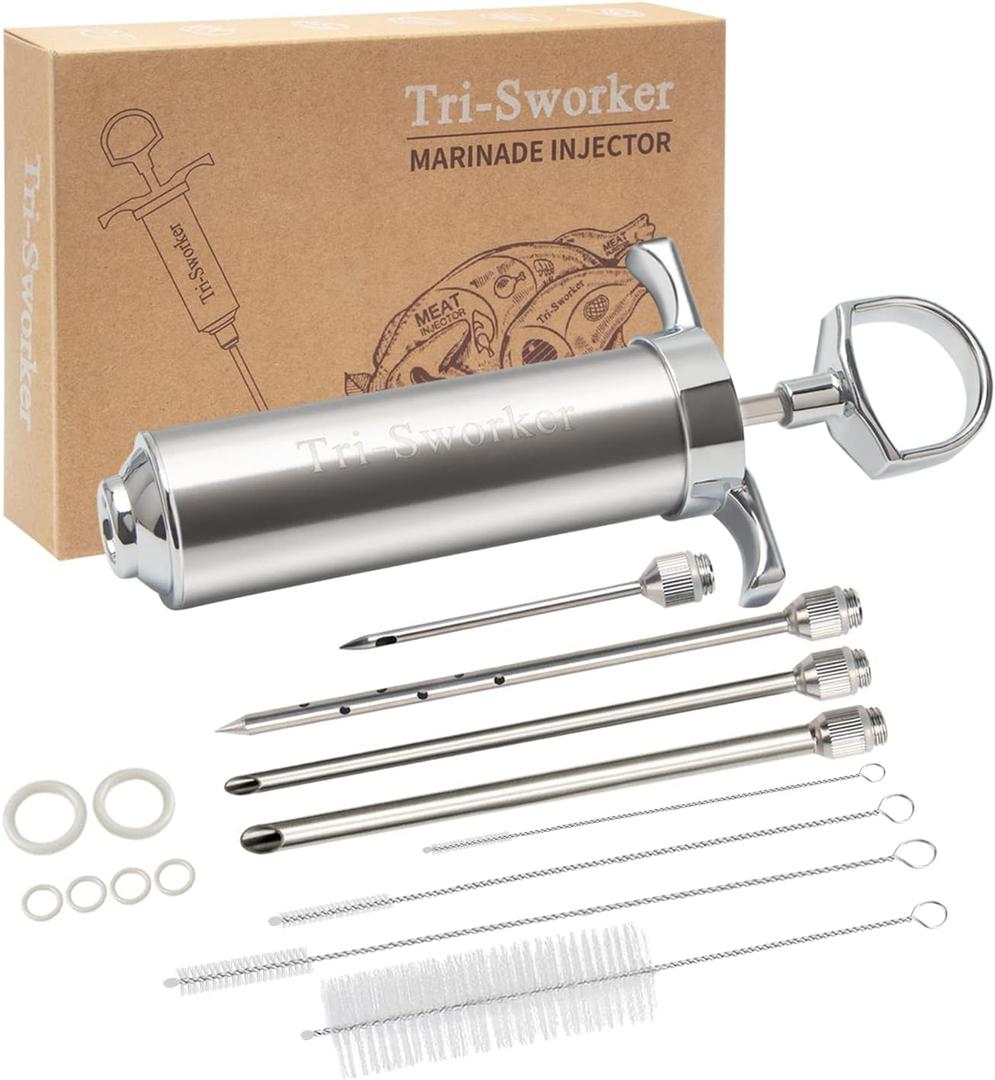 Tri-Sworker Meat Injector Syringe with 4 Marinade Flavor Food Injector Needles, Ideal for Injecting Marinades into Meats, Turkey, Brisket, Beef; 2-OZ Capacity