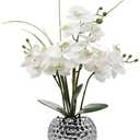 Oairse Artificial White Phalaenopsis Orchid Flower Arrangements 20.8" Faux Orchid Flower in Silver Pot Orchid Centerpiece for Dining Room Table