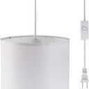 Plug in Pendant Light, 15 FT Hanging Lamp with Plug in Cord, On/Off Switch, Pendant Lighting with Fabric Shade, Hanging Light Fixture for Living Room, Bedroom, Dining Room, Kitchen (White)