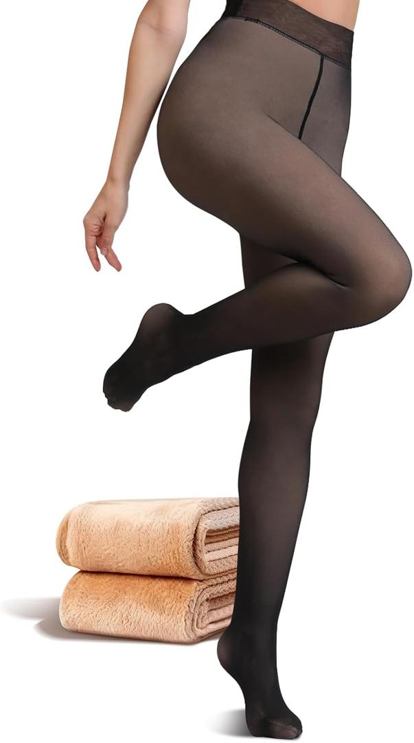JIZ Translucent Fleece Lined Tights Women, Thermal Tights for Women Winter, Pantyhose Leggings, Warm Sheer Tights for Women Winter (Extra-Large, Black)