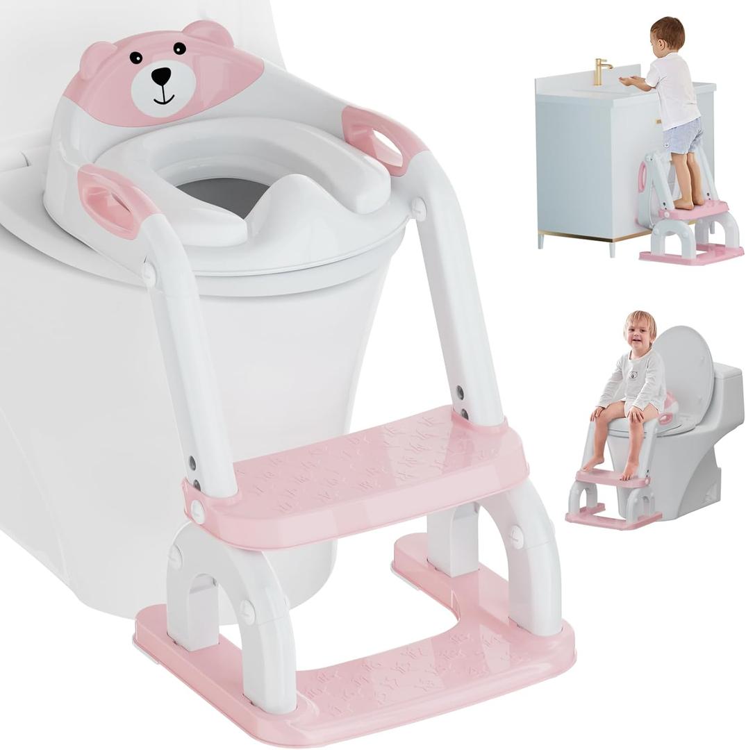 Potty Training Seat with Step Stool Ladder, Potty Training Toilet Seat with Soft Seat Splash Guard, Adjustable Height, 2 in 1 Potty Seats for Toddlers Kids Boys Girls (Pink)