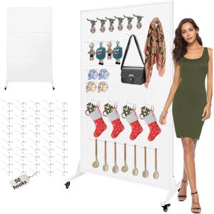 Royxen 3.5 x 6 Feet Metal Pegboard with 50 Hooks, Peg Board Display Stand with Wheels, Large Standing Pegboard Displaywith T-Base Art Display Stand for Retail Stores Exhibitions Homes (White)