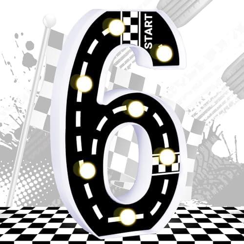 Pack of 2, Racing Car Light Up Numbers Checkered Decorations Happy Birthday Light Up Sign Racetrack Inspired Decor Cars Theme Party Supplies (Number 6)