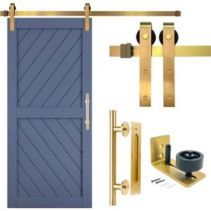 Rio Salto Gold Barn Door Hardware Kit Sliding Door Hardware Modern Barn Interior Closet Pantry Brushed Brass Panel Hardware Handle Bar Floor Guide Hardware Kit Plus, 6ft 7in for Single Panel - NO DOOR