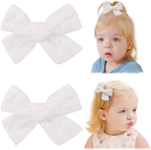 Jollybows 2pcs 3.2" Hair Bows Clips for Baby Girl Toddler Pigtail Neutral Linen Hair Clip Bows -White Eyelet