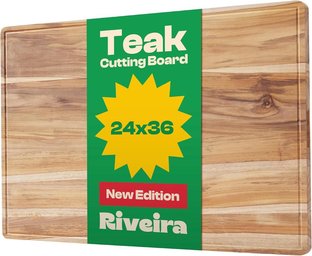 Riveira Teak Wood Cutting Board  Gourmet Teak Grandeur: 36 x 24 Wooden Cutting Board  Natural Wooden Cutting Boards For Kitchen Decorative  Innovative Juice Grooves Teak Wooden Chopping Board