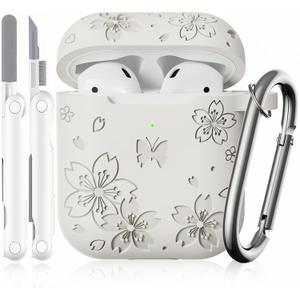 Compatible with Airpod Case - Butterfly Flowers Engraved Design for Airpods Case 2nd/1st Generation - Silicone Case for Airpods 2nd Generation Case with Cleaner Kit & Keychain (White)