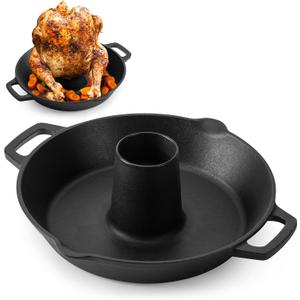 Onlyfire Universal Cast Iron Chicken Roaster, Pre-Seasoned Poultry Roaster Beer Can Turkey Holder with Roasting Pan for Most Grills and Oven