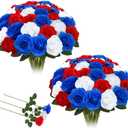 50 Pcs Artificial Red White and Blue Roses Patriotic Flowers 4th of July Fake Silk Roses with Long Stems for Table Centerpieces Memorial Day Party Home Outdoor Decor