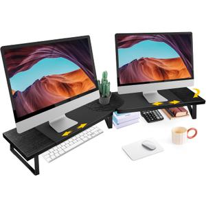 Dual-Monitor Stand for Desk - Large Adjustable Length and Angle Riser for 2 Monitors, Double Computer Desktop Organizer, Shelf for TV, Laptop, Printer