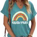 Women Good Vibes Rainbow V Neck Shirt Funny Summer Graphic Short Sleeve Tee Casual Letter Print Tops(L, G-Cyan)