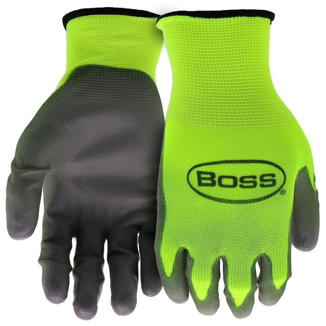 BOSS Men's High Visibility Tactile Grip Polyurethane Coated Work Glove, Water Resistant, Enhanced Grip, Touch Screen Technology, Green/Gray, Large, (B33141-L) 