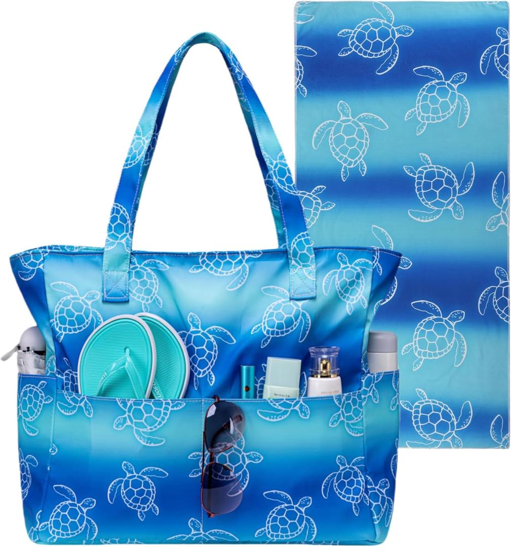 Waterproof Beach Tote Pool Bags for Women Ladies Extra Large Gym Tote Carry On Bag With Wet Compartment for Weekender Travel (2 Pcs Beach Bag With Towel-Turtle Blue)