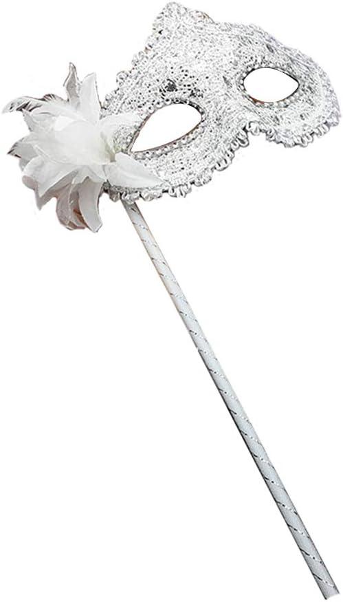 AZYOUNG Women's Masquerade Masks Side Feather Flower Petal Hand Held Lace Mask with Stick