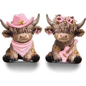 Wesiti 2 Pcs Cowgirl Highland Cow Figurines, Western Farmhouse Resin Cow Statues with Pink Cowboy Hat, Guitar and Bow, Christmas Cute Calf Lovers Gifts Ornaments for Home Shelf Holiday Decor
