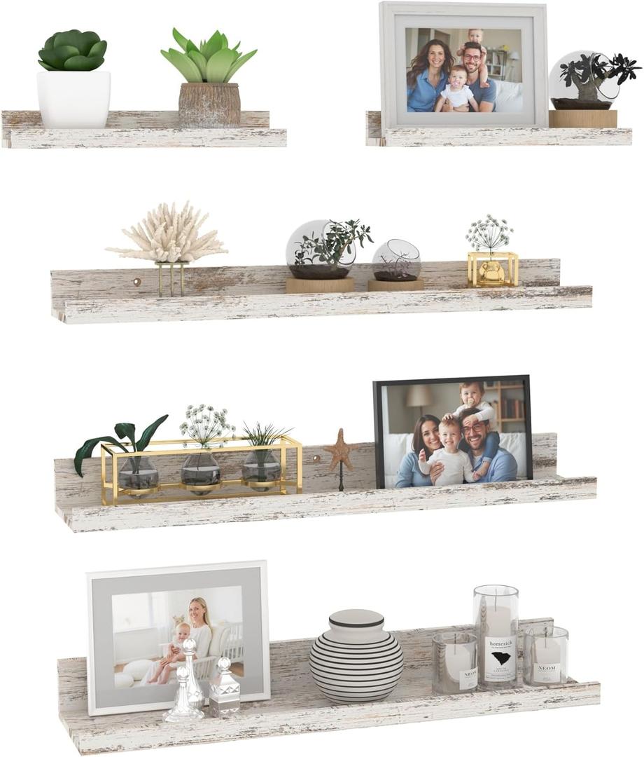 Giftgarden 24 Inch Wall Mounted Floating Shelves Set of 5, Distressed White Wood Wall Shelves for Bathroom, Bedroom, Kitchen, Living Room Storage and Decoration, Rustic Wooden Picture Ledge