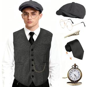 EFORLED Halloween 1920s Mens Costume Accessories Set,Great Gatsby Clothing,Roaring 20s Pocket Watch,Mafia Mobster Hat (Large)