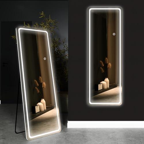 gogofree Full Length Mirror with LED Light, 56" x 20" Floor Mirror with Stand, Wall Mounted Mirror with Dimming & 3-Color Lighting for Living Room Bedroom and Cloakroom