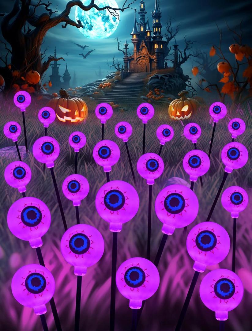 KerKoor Solar Halloween Lights Outdoor Decorations - 4 Pack 32 LED Solar Eyeball Lights for Yard, Scary Eyeballs Halloween Light for Outside, Pathway, Walkway, Landscape, Garden, Party Decor (Purple)