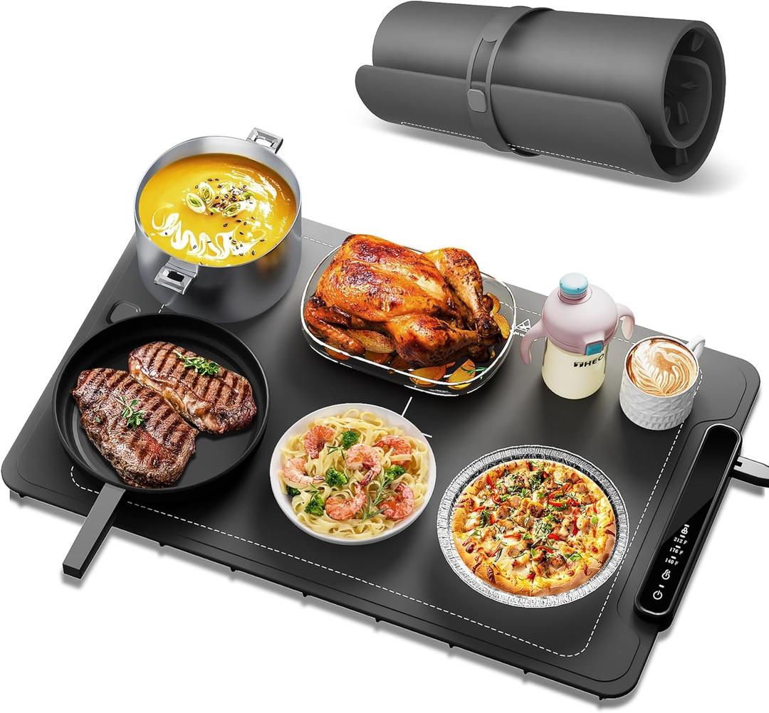 Food Warming Mat, Silicone Electric Warming Tray with 3 Modes Temperature & Fast Heating, Raised Feet Protects Table, Roll Up Buffet Hot Plates Heat Pad, Portable Food Warmer for Parties Home Travel