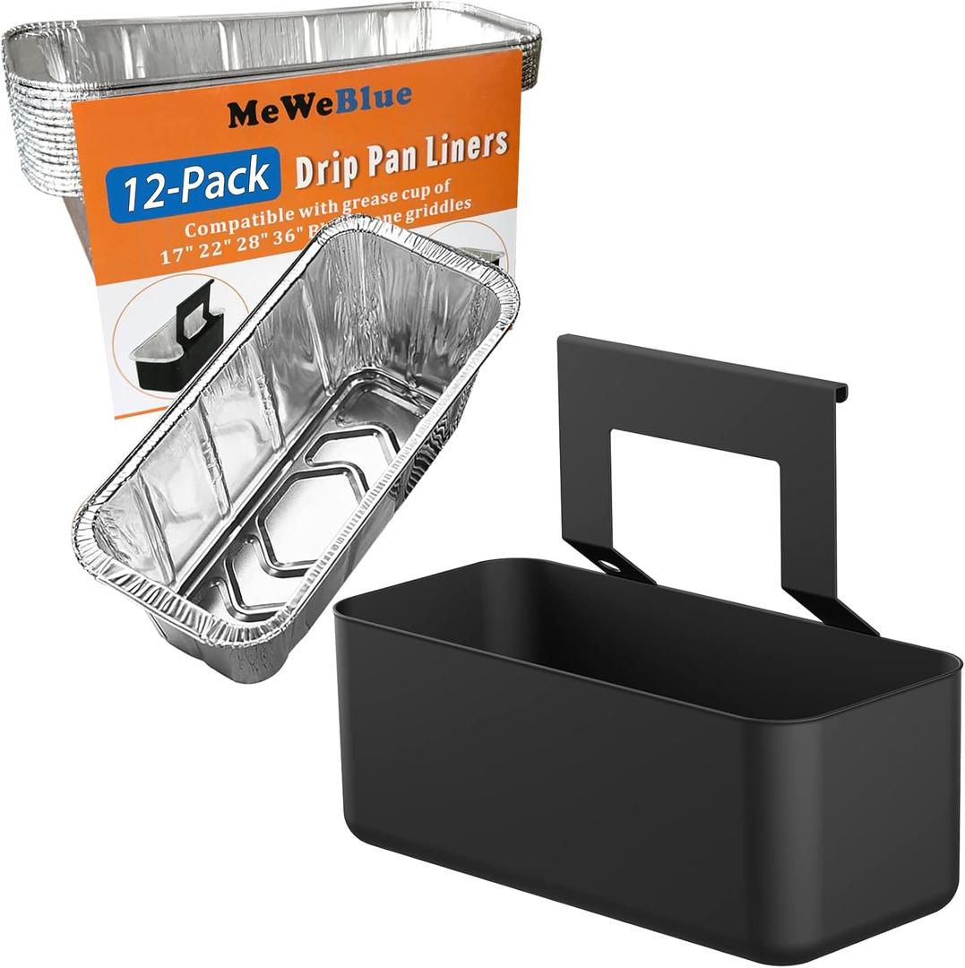 Grease Catcher for Blackstone Griddle, Grease Cup with 12 Pack Blackstone Grease Cup Liners, Smooth Face for Easy Clean (Long Type Hook)