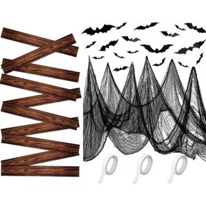 Pinkunn 70 Pcs Halloween Creepy Cloth Set 33 x 7 ft Halloween Horror Fabric Party Decoration Set 3D Bat Wall Stickers Decor Masking Tape Holiday Outdoor Indoor Windows Scene