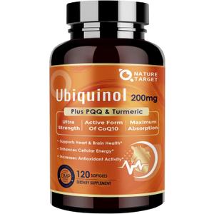 NATURE TARGET Ubiquinol CoQ10 200mg with PQQ & Turmeric, 120 Count | High Absorption Coenzyme Q10 with ALA & Black Pepper, Supports Antioxidant for Brain Health, Energy Production, BBD 12/2028