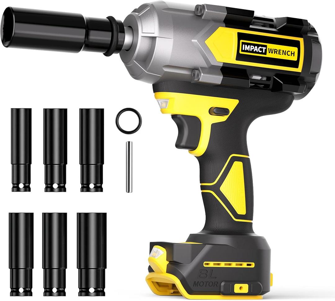 1200N.m Impact Wrench for DeWalt 20V Battery (no battery), 20V 1/2 Cordless Impact Gun, 900Ft-lbs Electric Impact Driver with 3-Speed Control, 6 Pcs Impact Sockets Included, Tool Only