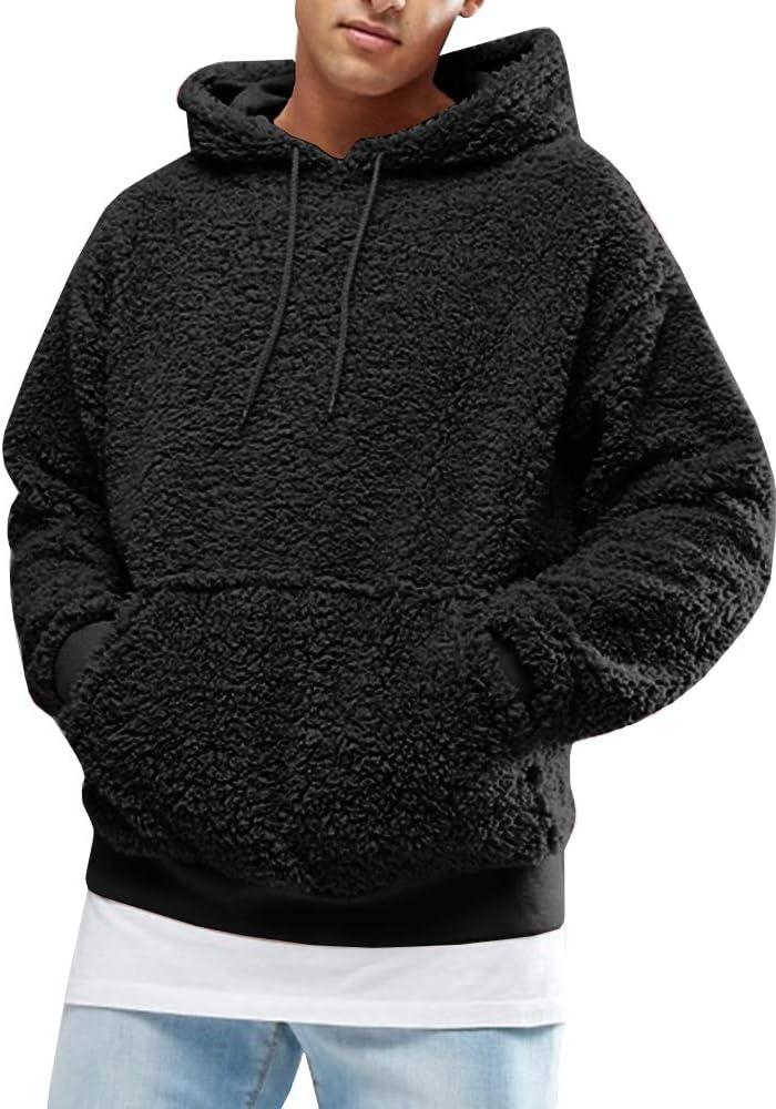 Runcati Mens Fuzzy Sherpa Pullover Hoodie Sweatshirts Long Sleeve Sport Front Pocket Military Fall Outwear Winter Hooded (X-Large, 01 Black)