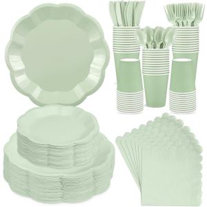 350 Pcs Sage Green Party Paper Plates and Napkins Set Include 9" Easter Plates & 7" Dessert Plate Disposable Scalloped Tableware Serve 50 Guest for Wedding Baby Shower Bridal Shower Birthday