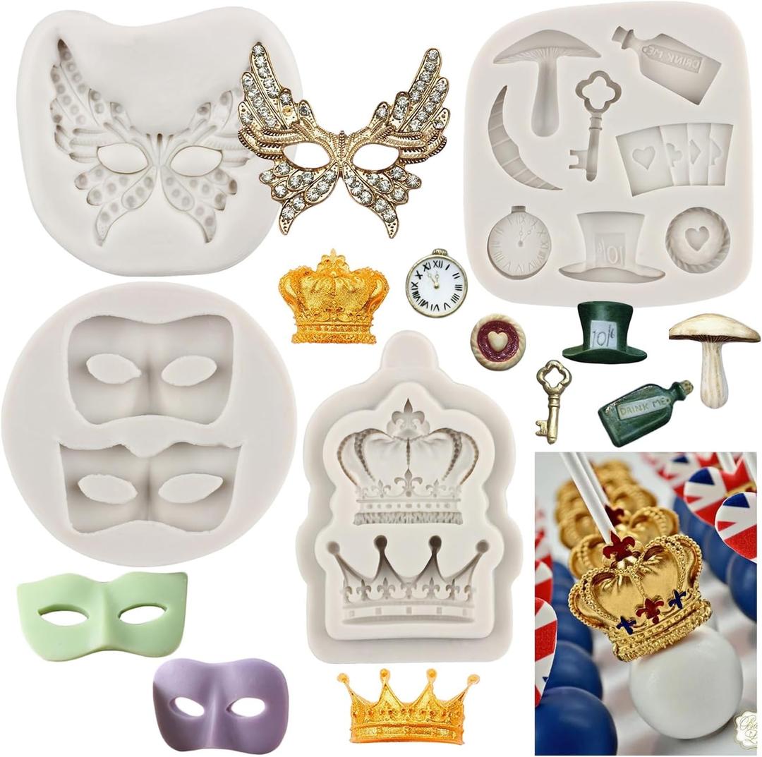 Masquerade Mask Silicone Mold Crown Fondant Mold Alice in Wonderland Hat Playing Cards Chocolate Mold For Sugar Cake Decoration Cupcake Topper Candy Polymer Clay Gum Paste, Set Of 4