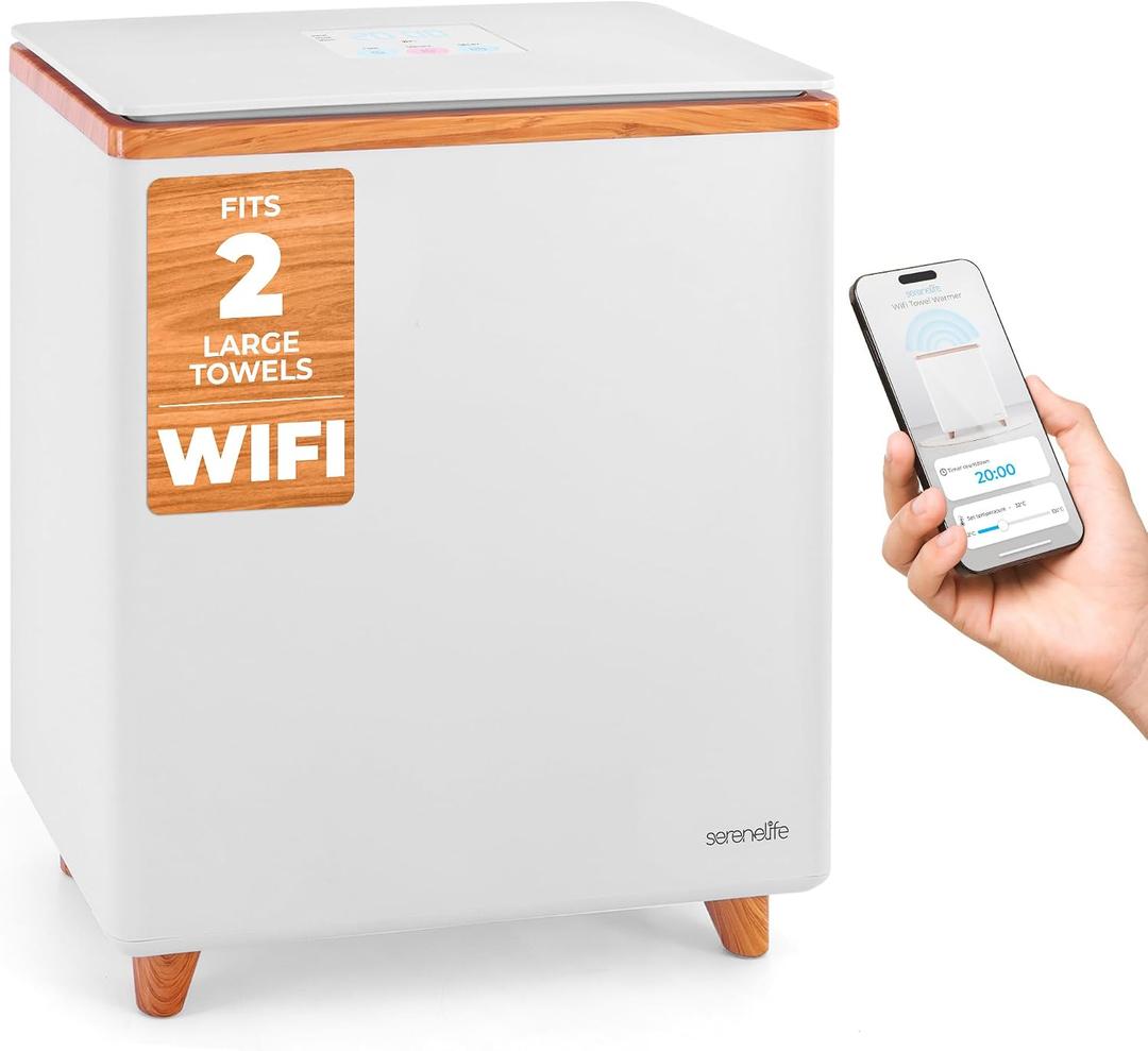 SereneLife WIFI Luxury Rectangle Towel Warmer - Spa & Bathroom Towel Heater with Custom Fragrance, Auto Shut-Off, Fits 2 large Towels, Blankets, Bathrobes, PJ's - Perfect Gift for Him & Her (Natural)
