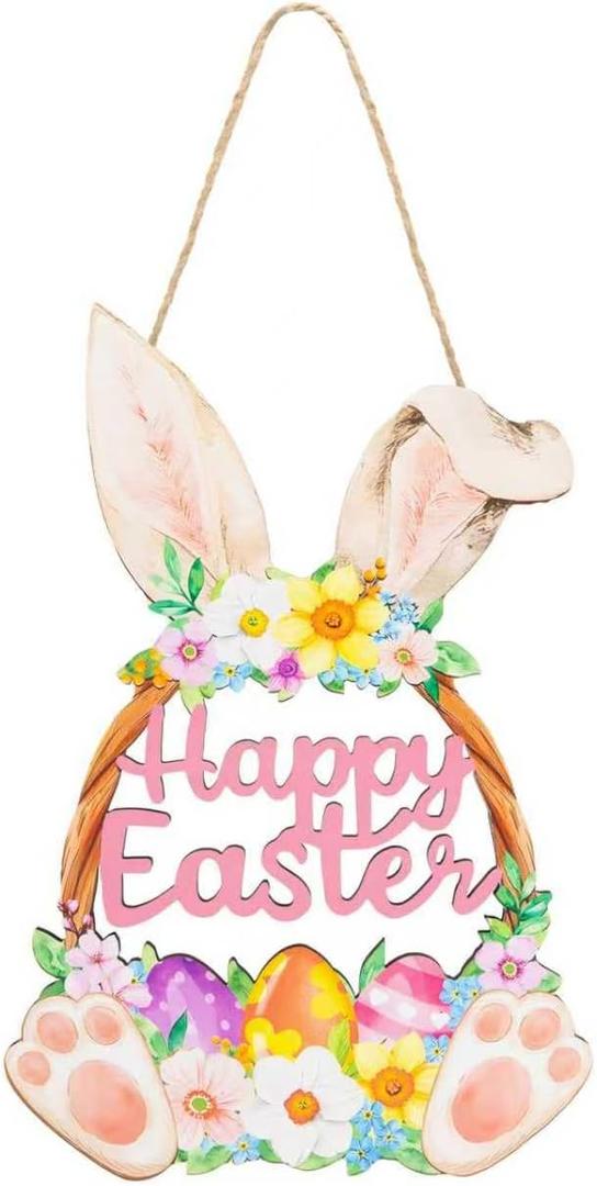 Wooden Easter Decoration Door Wreath, Hollow Bunny Sign Flower Egg Welcome Hanging for Front Door Sign Wall Signs Rabbit Spring Decoration