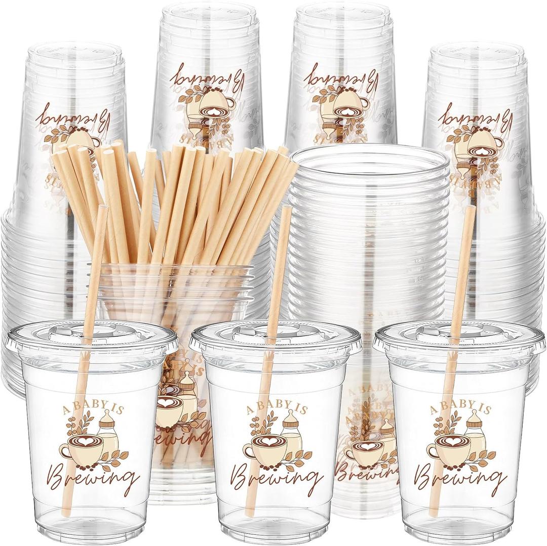 FillTouch 50 Pcs A Baby Is Brewing Baby Shower Party Decorations Coffee Theme Plastic Cups Cafe Shower Disposable Cups for Coffee Theme Gender Reveal Party Decor Birthday Supplies
