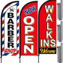 3 Set Feather Flag Pole Kit 7 ft Walk Ins Welcome Flag Barber Shop/Now Open Grand Opening Advertising Banners with Poles and Ground Spikes Salon Sign for Salon Outdoor Supplies