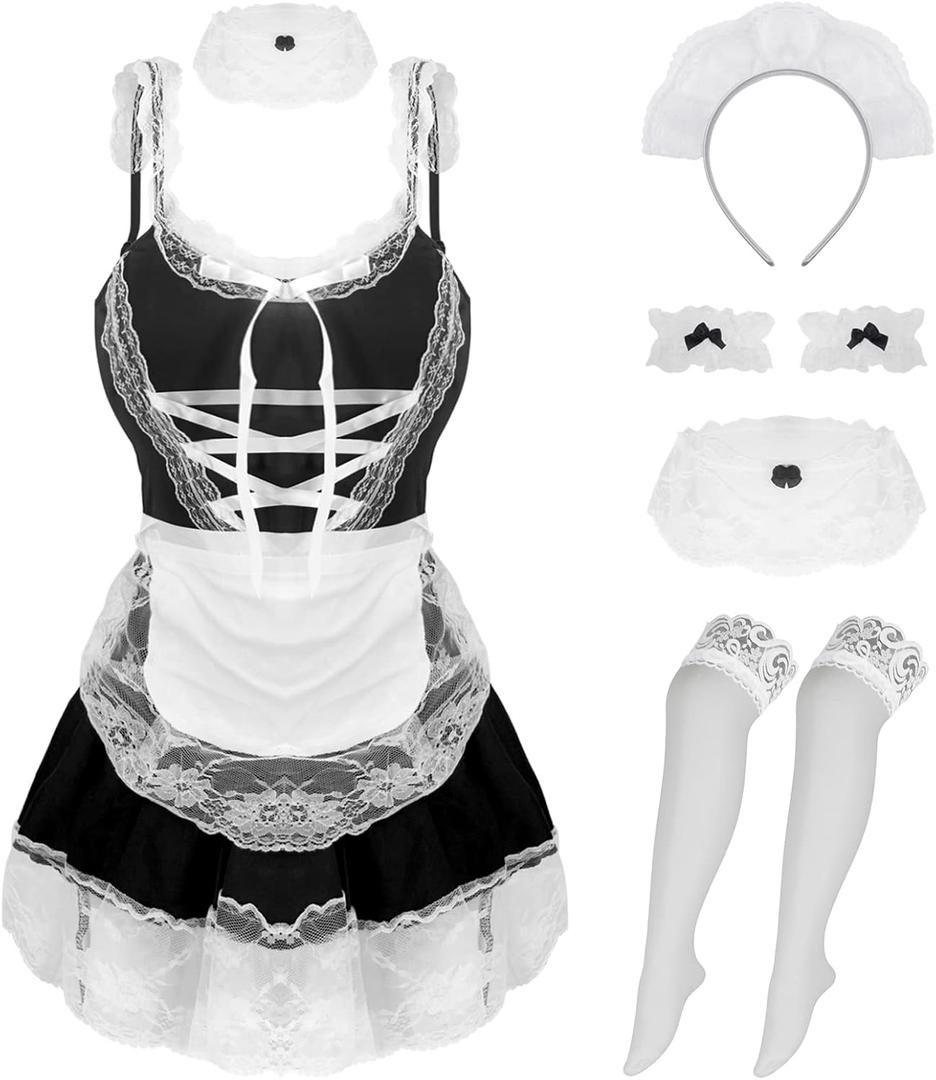 paloli Maid Cosplay Costume For Women, Classic Japanese Anime Dress With Lace Apron And Stocking Set. (Small/Medium, Black)