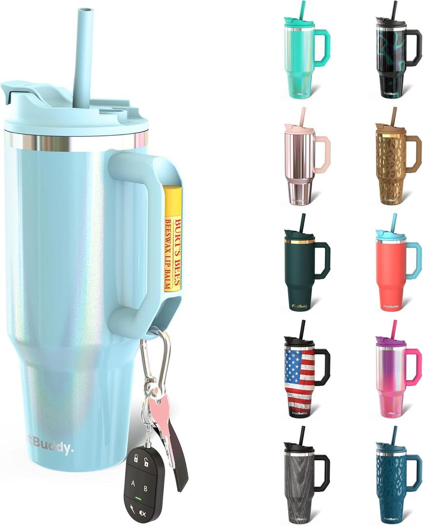 Frost Buddy Thicc Buddy - 40 oz Stainless Steel Vacuum Insulated Tumbler with Lid and Straw for Water - Travel Mug Cupholder Friendly - Gifts for Women Men Him Her (Sky Blue Glitter)