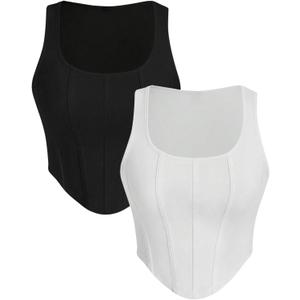 WDIRARA Women's 2 Pack Crop Bustier Corset Tank Top Sleeveless Square Neck Asymmetrical Hem Ribbed T Shirts (X-Large, Black and White)