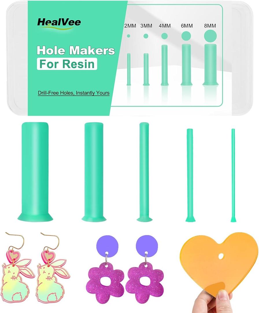 HealVee Hole Maker for Resin, 5 Sizes(2/3/4/6/8mm) 25PCS Make Holes Without Drilling for Epoxy & UV Resin, Holes Tools for Jewelry Making, Pet Tag, Keychain, DIY Craft Pendant Decor (Green)