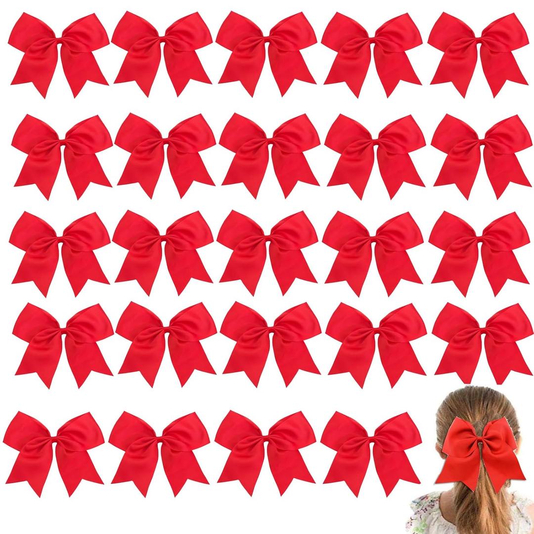 24Pcs 8" Large Cheer Hair Bows for Girls Ponytail Holder Grosgrain Ribbon Cheerleading Bows Elastic Hair Tie Bands for Girls Teens Softball Cheerleader Sports (Red)
